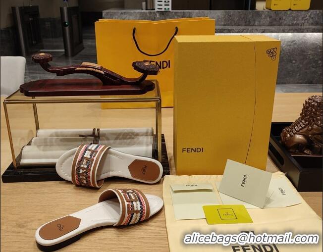 Best Product Fendi Signature Flat Slide Sandals in Fabric White/Brown 326069