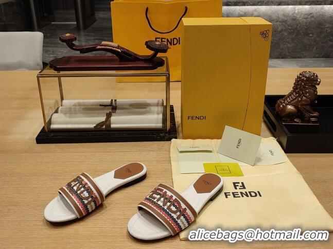 Best Product Fendi Signature Flat Slide Sandals in Fabric White/Brown 326069