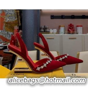 Duplicate Fendi First Slingback Pumps 7cm/9cm in Suede with Crystals Red 326042