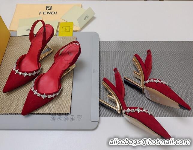 Duplicate Fendi First Slingback Pumps 7cm/9cm in Suede with Crystals Red 326042