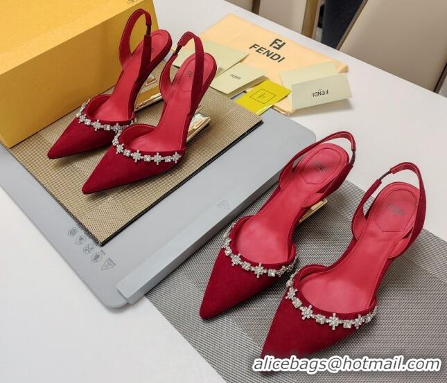 Duplicate Fendi First Slingback Pumps 7cm/9cm in Suede with Crystals Red 326042