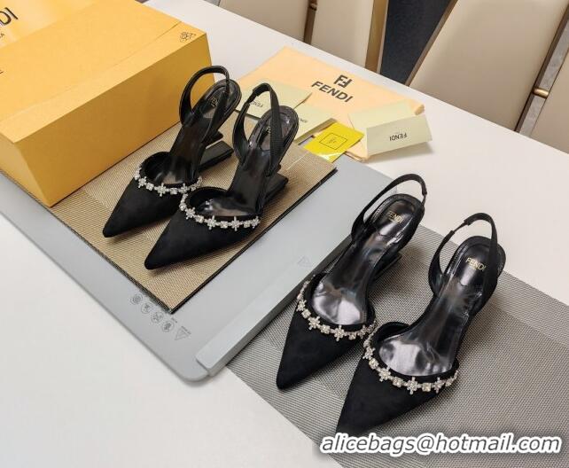 Charming Fendi First Slingback Pumps 7cm/9cm in Suede with Crystals Black 326043