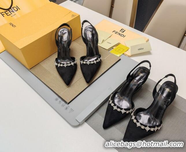 Charming Fendi First Slingback Pumps 7cm/9cm in Suede with Crystals Black 326043