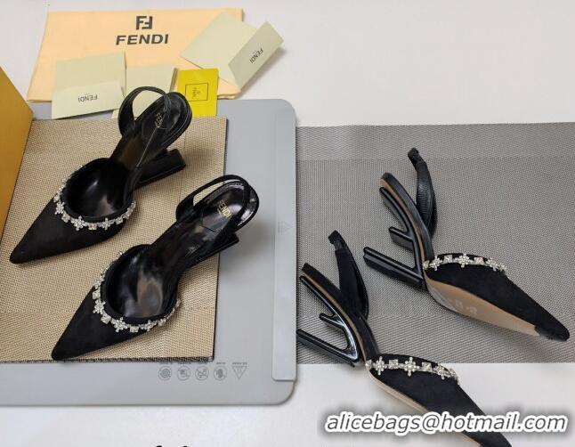 Charming Fendi First Slingback Pumps 7cm/9cm in Suede with Crystals Black 326043