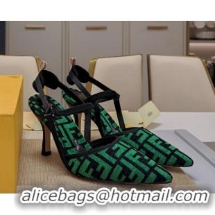 Top Grade Fendi Colibrì Lite High Heel Slingback Pumps 8.5cm in FF Chenille Fabric Green 326046