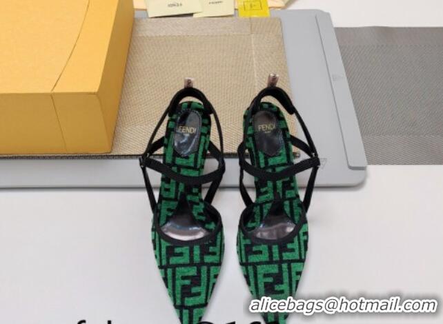 Top Grade Fendi Colibrì Lite High Heel Slingback Pumps 8.5cm in FF Chenille Fabric Green 326046