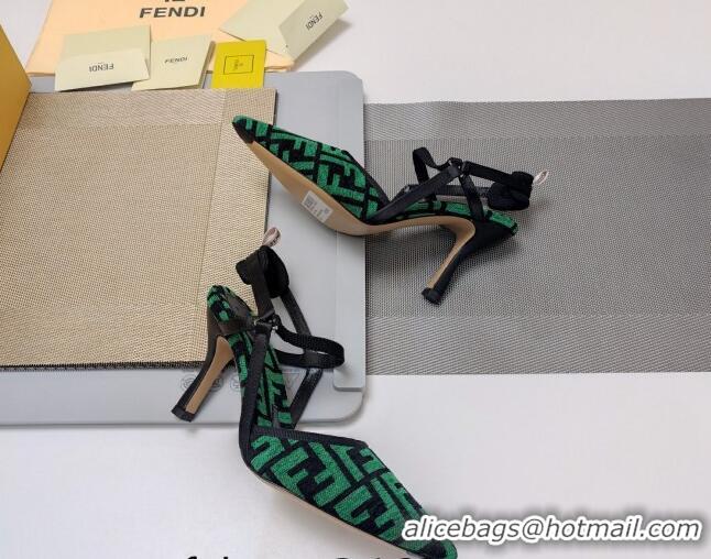 Top Grade Fendi Colibrì Lite High Heel Slingback Pumps 8.5cm in FF Chenille Fabric Green 326046