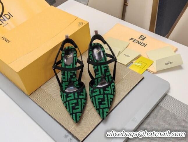 Top Grade Fendi Colibrì Lite High Heel Slingback Pumps 8.5cm in FF Chenille Fabric Green 326046