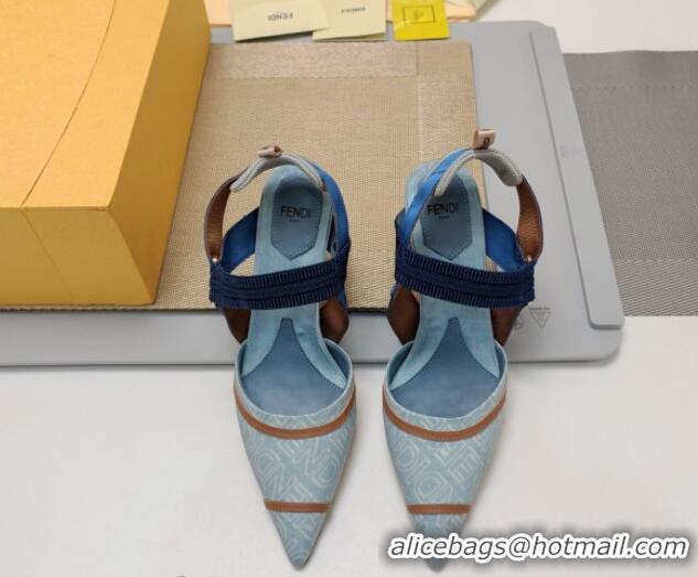 Grade Quality Fendi Colibrì Lite High Heel Slingback Pumps 8.5cm in Blue Washed Denim 326048