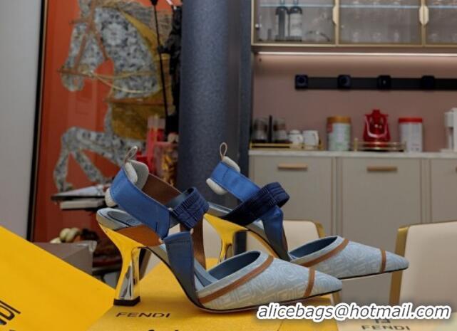 Grade Quality Fendi Colibrì Lite High Heel Slingback Pumps 8.5cm in Blue Washed Denim 326048