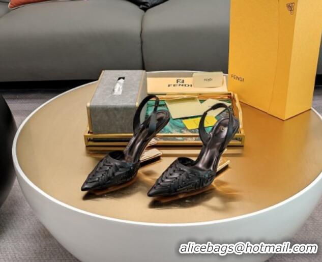 Classic Hot Fendi Colibrì High Heel Slingback Pumps 9cm in Interlaced Leather Black 326051