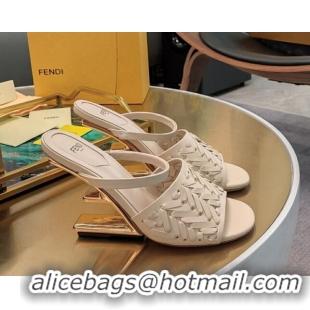 Luxury Discount Fendi Colibrì High Heel Slide Sandals 9cm in Interlaced Leather White 326052