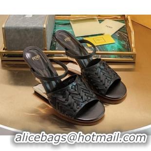 Buy Luxury Fendi Colibrì High Heel Slide Sandals 9cm in Interlaced Leather Black 326054