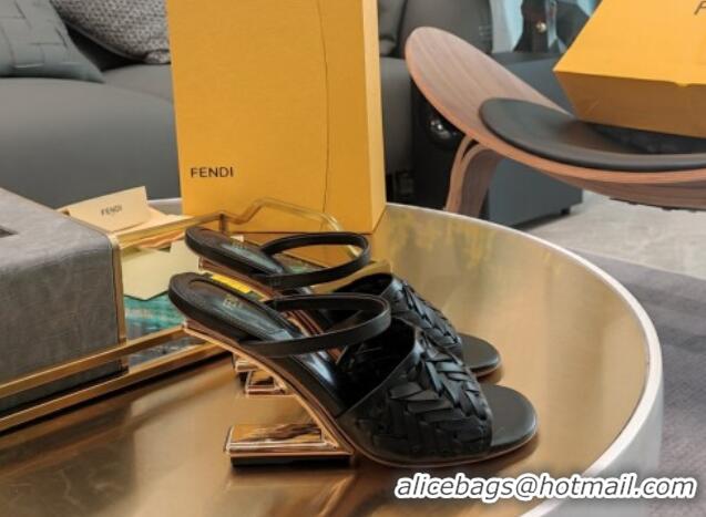 Buy Luxury Fendi Colibrì High Heel Slide Sandals 9cm in Interlaced Leather Black 326054