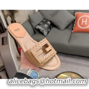 Good Quality Fendi Baguette Flat Slide Sandals in Calfskin with Lace-up Edges Beige 326055