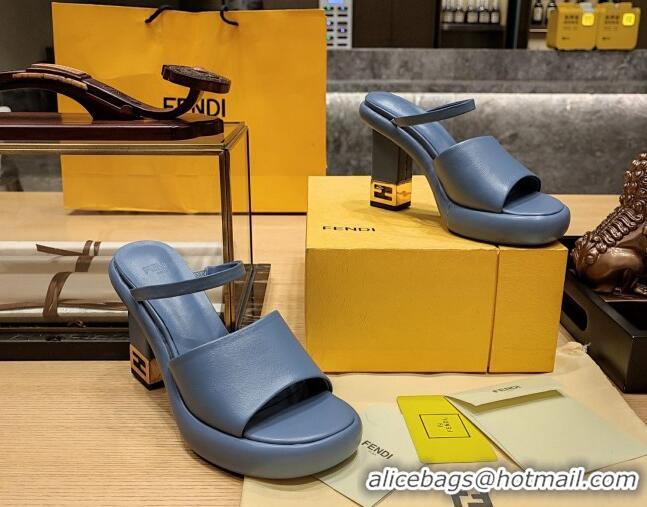 Low Price Fendi Baguette Heel Slide Sandals 9cm in Nappa Leather Blue 326063