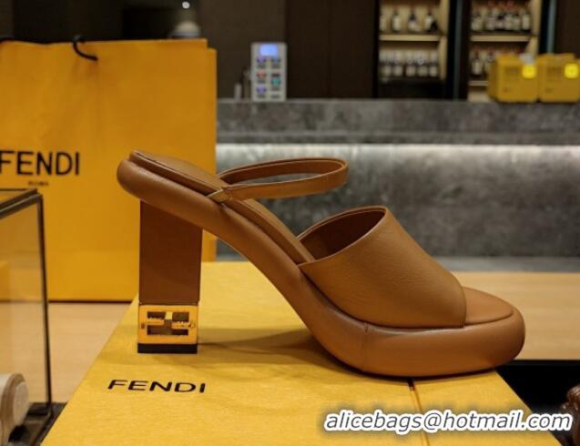 Best Price Fendi Baguette Heel Slide Sandals 9cm in Nappa Leather Brown 326064