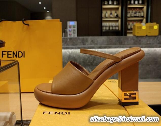 Best Price Fendi Baguette Heel Slide Sandals 9cm in Nappa Leather Brown 326064