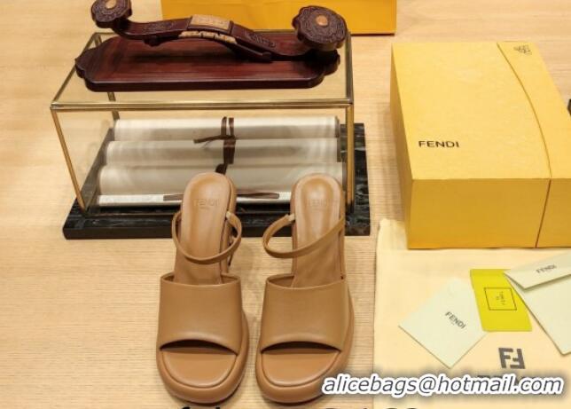 Best Price Fendi Baguette Heel Slide Sandals 9cm in Nappa Leather Brown 326064