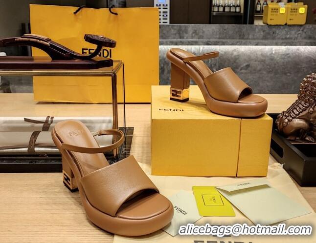 Best Price Fendi Baguette Heel Slide Sandals 9cm in Nappa Leather Brown 326064