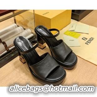 Grade Quality Fendi Baguette Heel Slide Sandals 9cm in Nappa Leather Black 326067