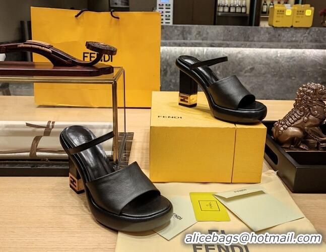 Grade Quality Fendi Baguette Heel Slide Sandals 9cm in Nappa Leather Black 326067