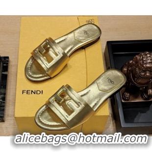 Stylish Fendi Baguette Flat Slide Sandals in Lambskin Gold 326071