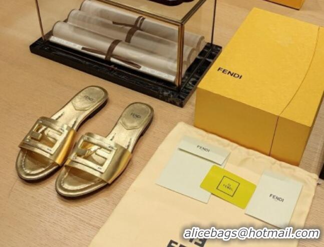 Stylish Fendi Baguette Flat Slide Sandals in Lambskin Gold 326071