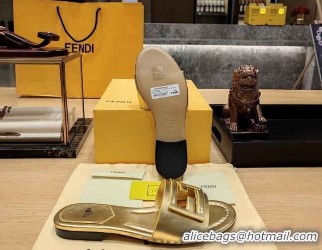 Stylish Fendi Baguette Flat Slide Sandals in Lambskin Gold 326071