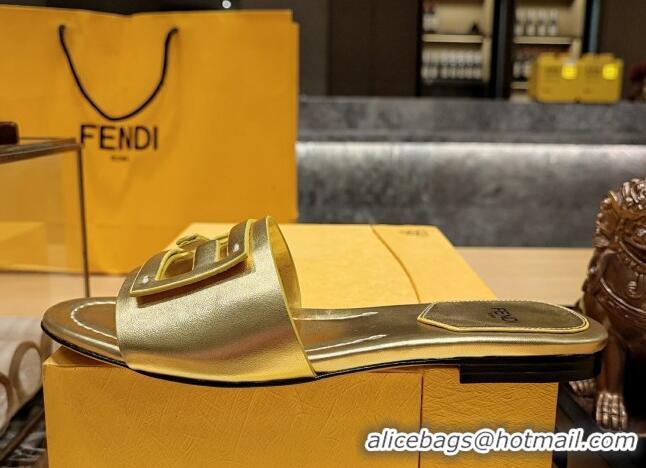 Stylish Fendi Baguette Flat Slide Sandals in Lambskin Gold 326071