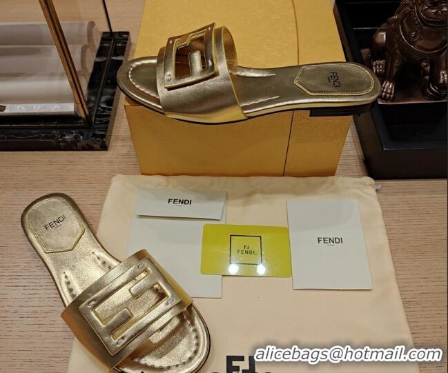 Stylish Fendi Baguette Flat Slide Sandals in Lambskin Gold 326071