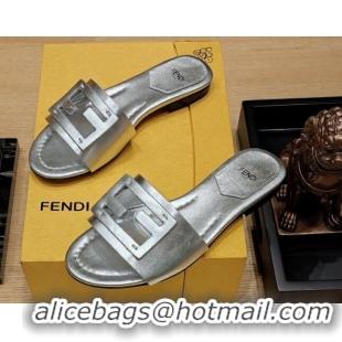 Unique Style Fendi Baguette Flat Slide Sandals in Lambskin Silver 326072