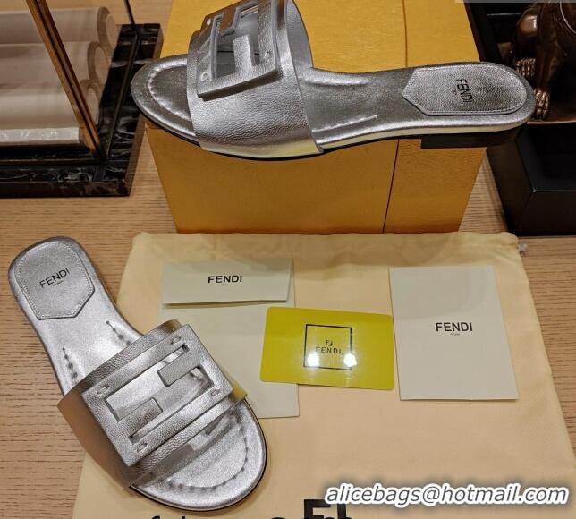 Unique Style Fendi Baguette Flat Slide Sandals in Lambskin Silver 326072