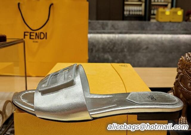 Unique Style Fendi Baguette Flat Slide Sandals in Lambskin Silver 326072