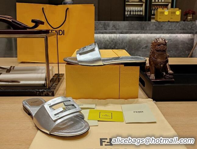 Unique Style Fendi Baguette Flat Slide Sandals in Lambskin Silver 326072