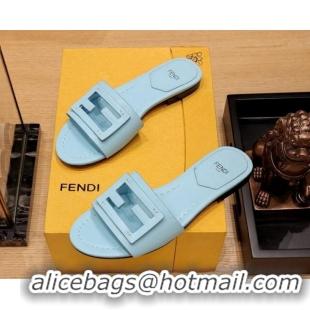 Best Product Fendi Baguette Flat Slide Sandals in Lambskin Light Blue 326074