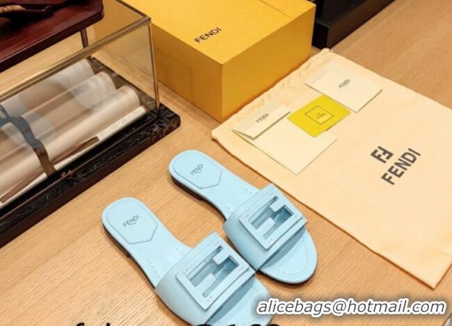 Best Product Fendi Baguette Flat Slide Sandals in Lambskin Light Blue 326074