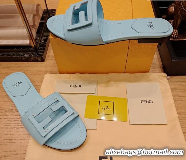 Best Product Fendi Baguette Flat Slide Sandals in Lambskin Light Blue 326074