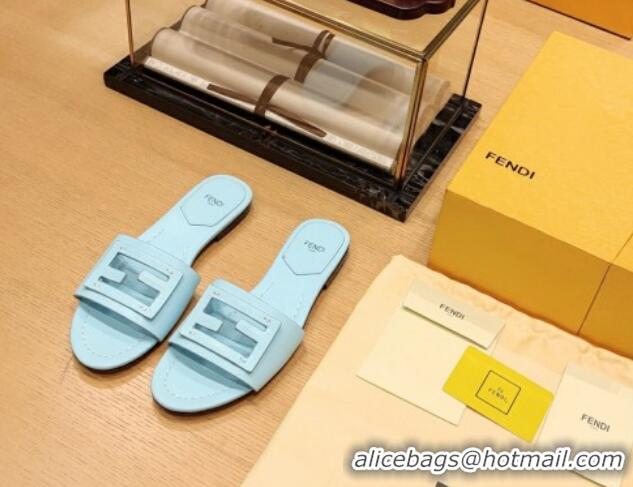 Best Product Fendi Baguette Flat Slide Sandals in Lambskin Light Blue 326074