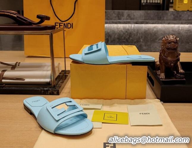 Best Product Fendi Baguette Flat Slide Sandals in Lambskin Light Blue 326074