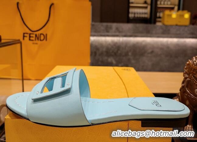 Best Product Fendi Baguette Flat Slide Sandals in Lambskin Light Blue 326074