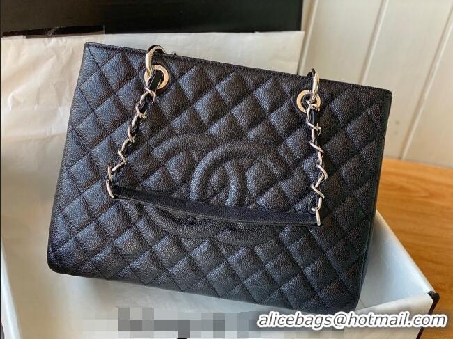 Famous Brand Chanel Grained Calfskin Shopping Bag 20995 Black/Silver 2024