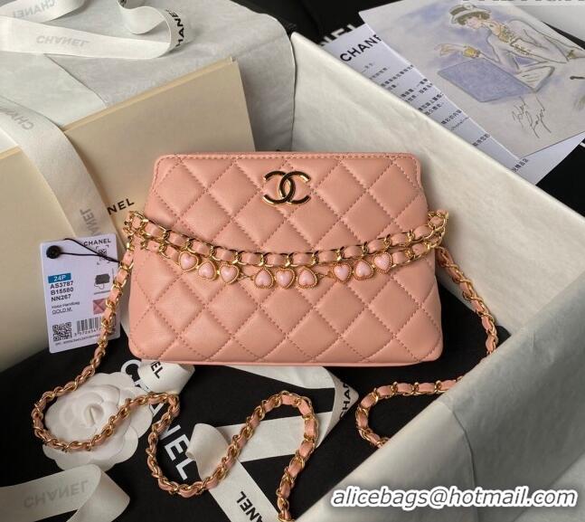 Promotional Chanel Shiny Crumpled Calfskin Clutch with Heart Chain AP3787 Light Pink 2024