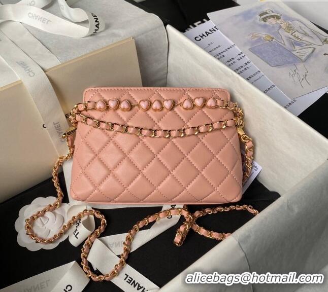 Promotional Chanel Shiny Crumpled Calfskin Clutch with Heart Chain AP3787 Light Pink 2024