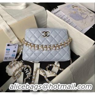 Cheap Design Chanel Shiny Crumpled Calfskin Clutch with Heart Chain AP3787 Light Blue 2024