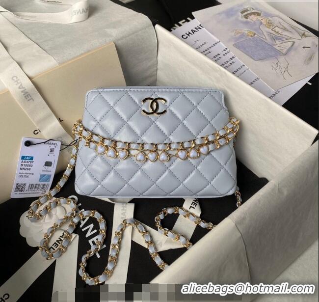 Cheap Design Chanel Shiny Crumpled Calfskin Clutch with Heart Chain AP3787 Light Blue 2024