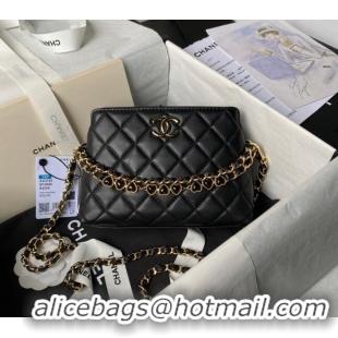 Unique Grade Chanel Shiny Crumpled Calfskin Clutch with Heart Chain AP3787 Black 2024