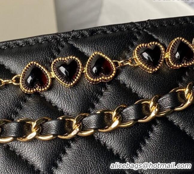 Unique Grade Chanel Shiny Crumpled Calfskin Clutch with Heart Chain AP3787 Black 2024