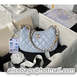 Top Quality Chanel Shiny Crumpled Calfskin Hobo Clutch with Heart Chain AP3786 Light Blue 2024