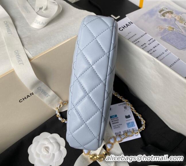 Top Quality Chanel Shiny Crumpled Calfskin Hobo Clutch with Heart Chain AP3786 Light Blue 2024